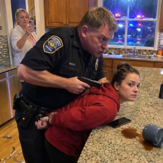During a tense dinner, my stepfather—a swaggering local cop—slammed me into the counter, cuffed my