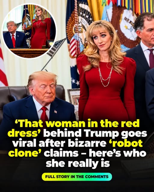 ‘Woman in the red dress’ behind Trump goes viral after bizarre ‘robot clone’ claims – here’s who she really is